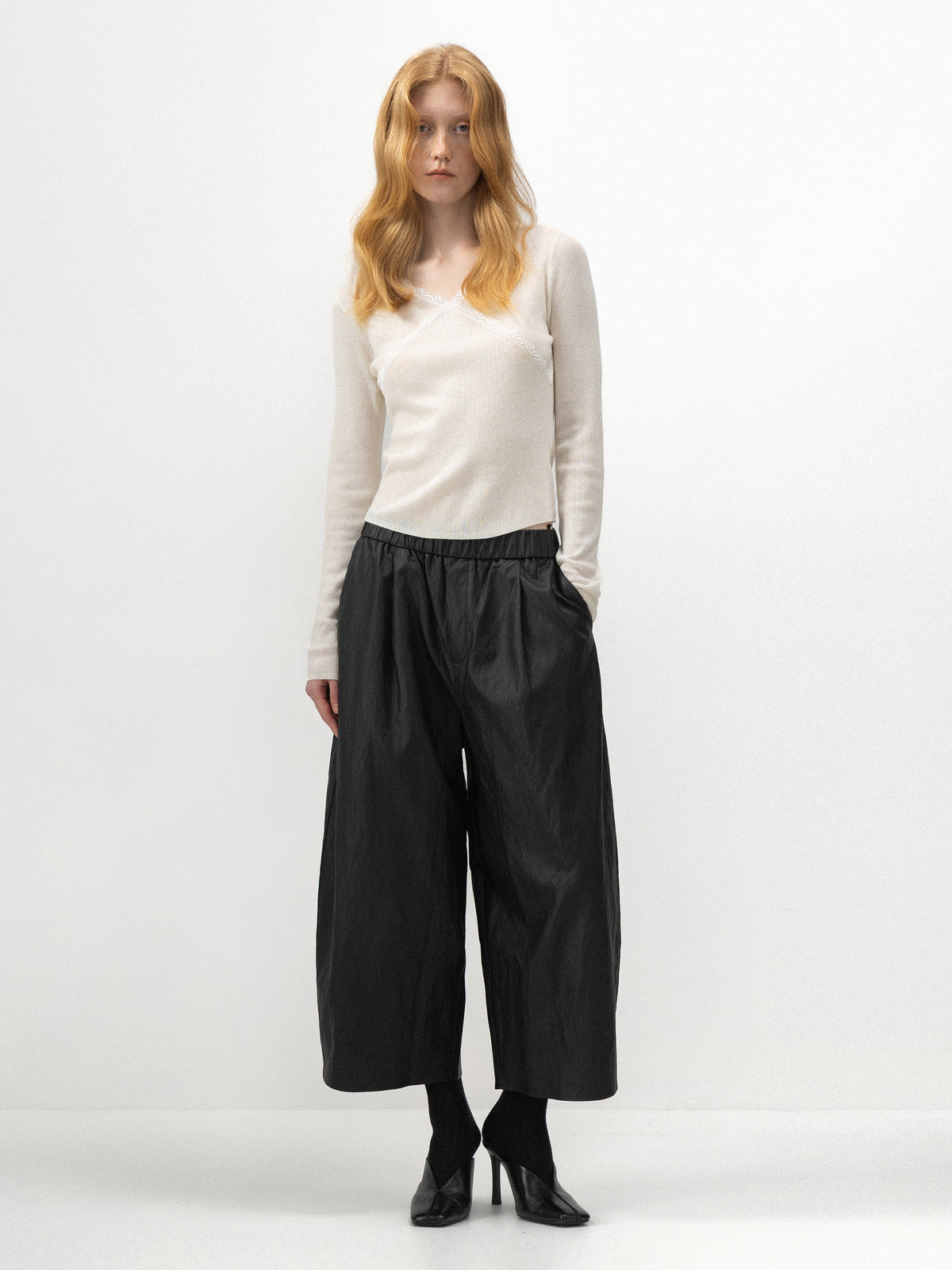 CUBIC High-Waisted Faux Leather Cropped Trousers-1