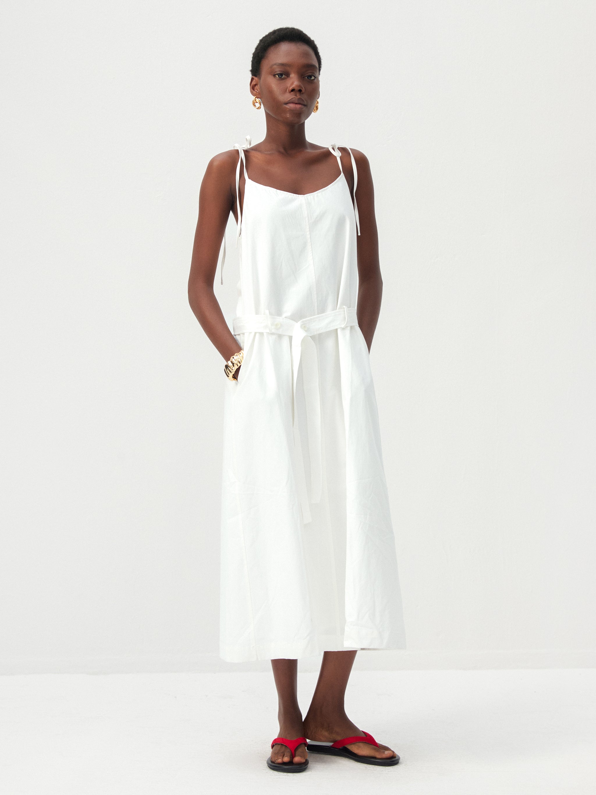 CUBIC Cotton-Linen Blend Tie-Shoulder Belted Midi Dress