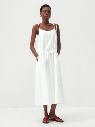 CUBIC Cotton-Linen Blend Tie-Shoulder Belted Midi Dress