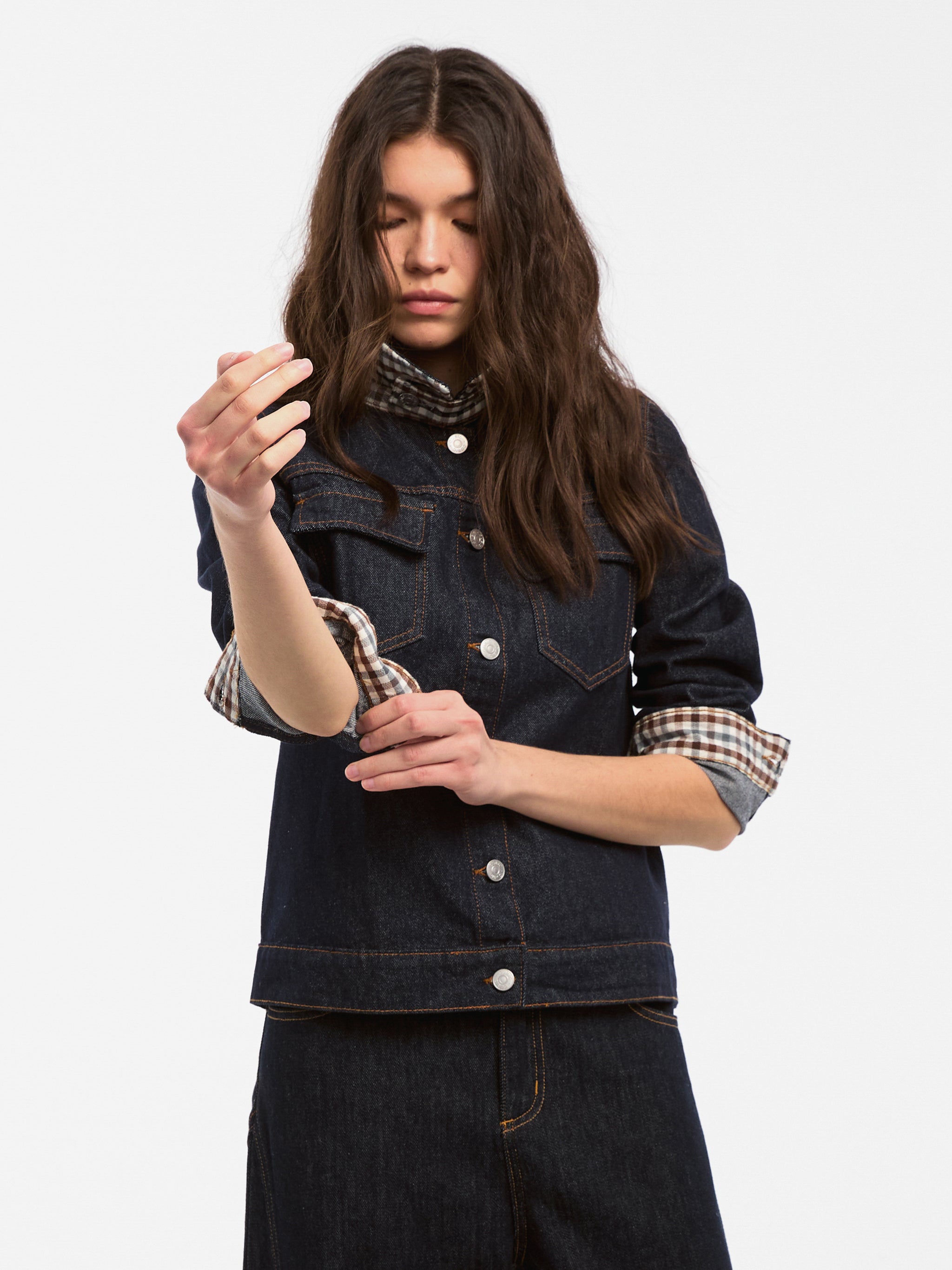 Color-Block High-Neck Denim Jacket