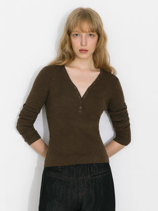 V-Neck Button-Front Fitted Knit Top
