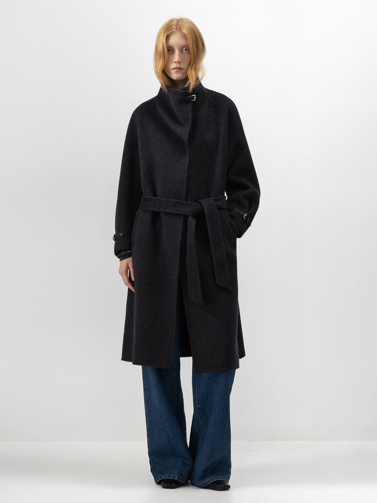 CUBIC Stand-Collar Belted Wool-Blend Long Coat