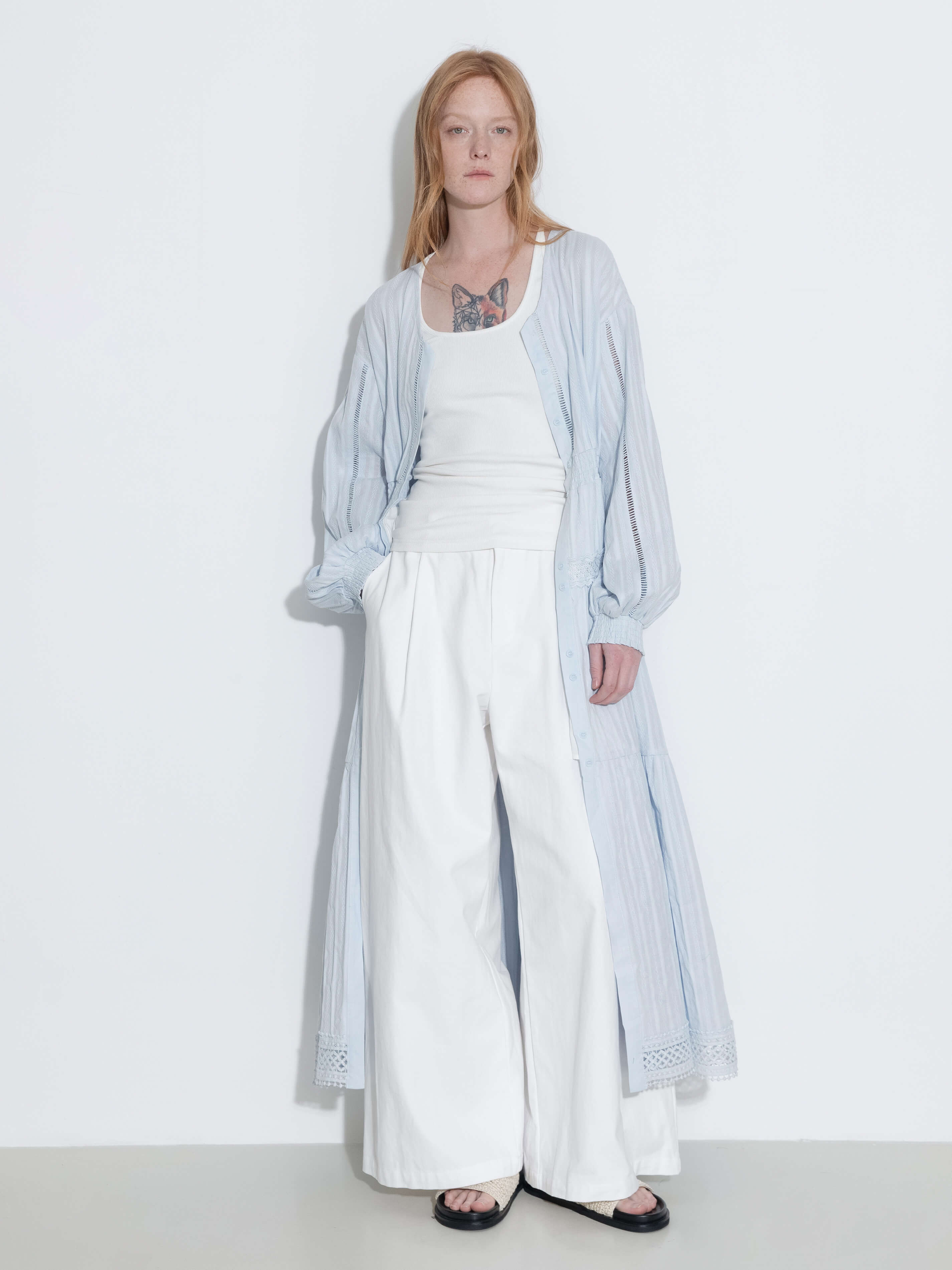 100% Cotton Lace Hollow V-Neck Waist-Cinched Maxi Dress