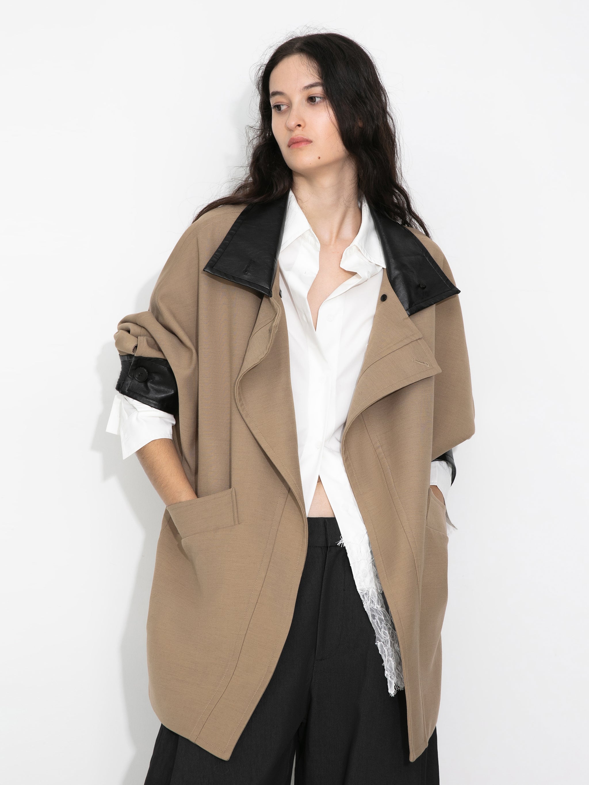 Cropped Contrast-Trim Oversized Trench Jacket