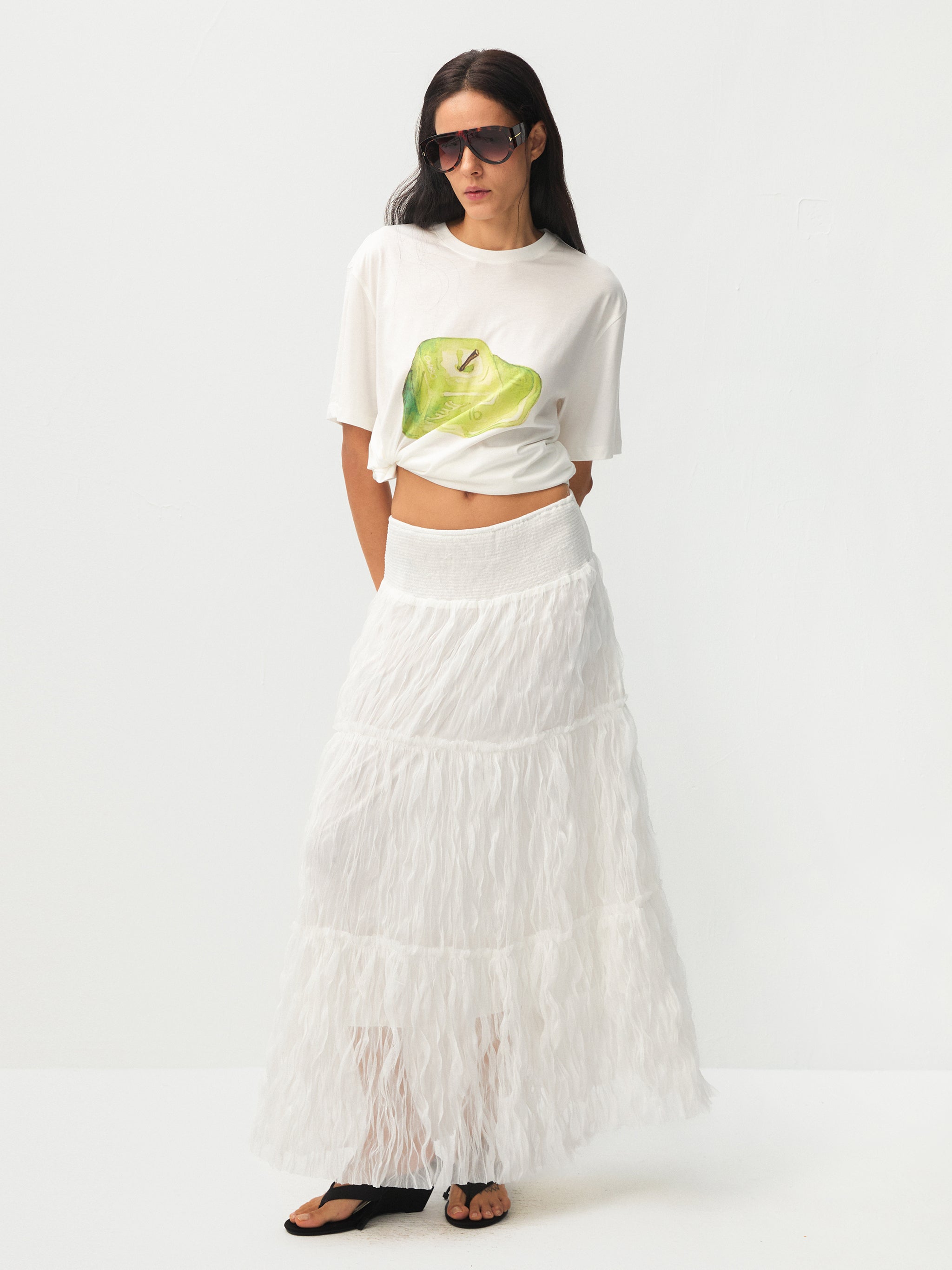 White Wavy Draped Midi Skirt