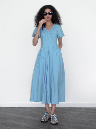 V-neck Pleated Puff Sleeve Dress