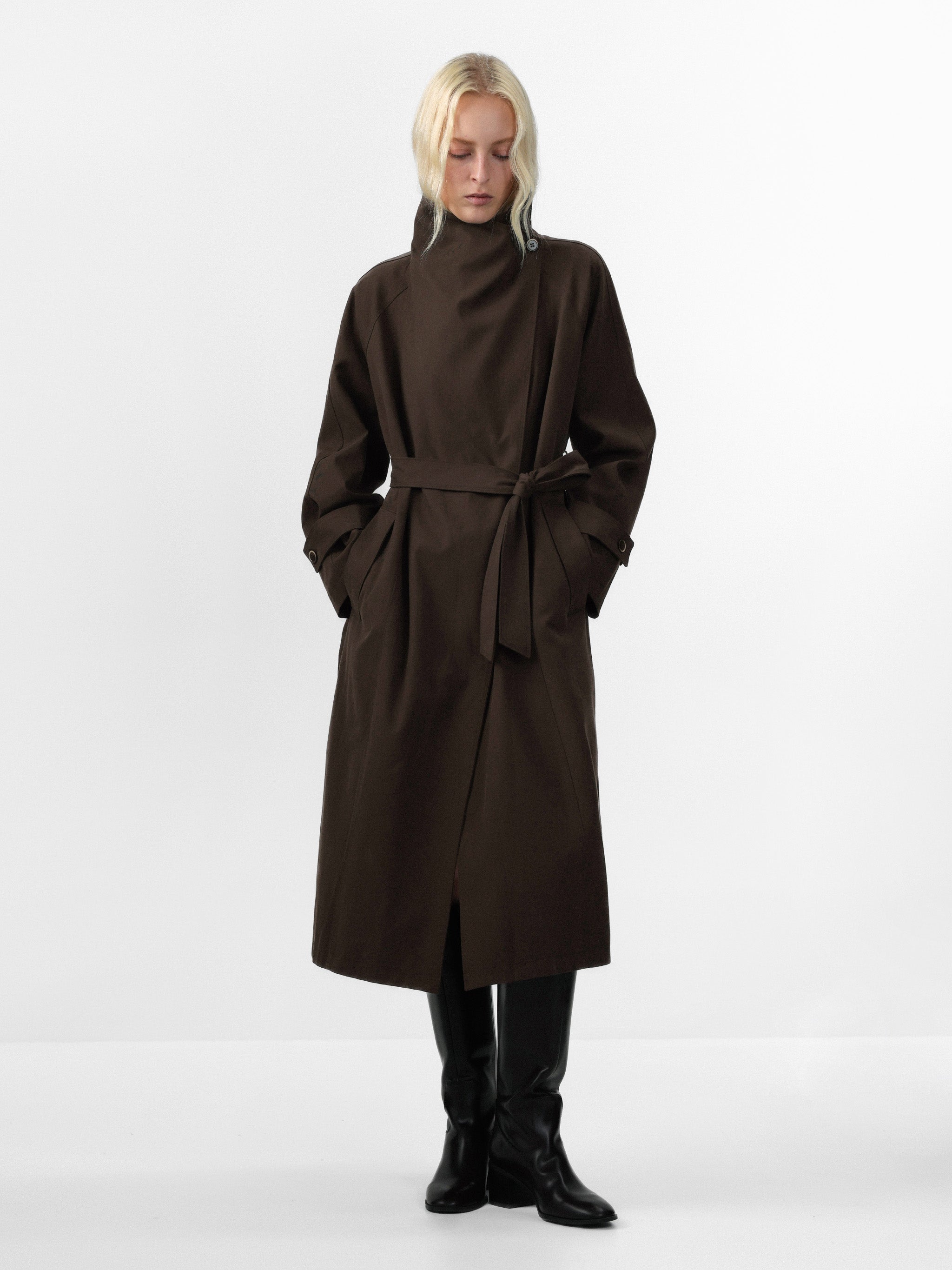 CUBIC Stand Collar Belted Long Trench Coat-2