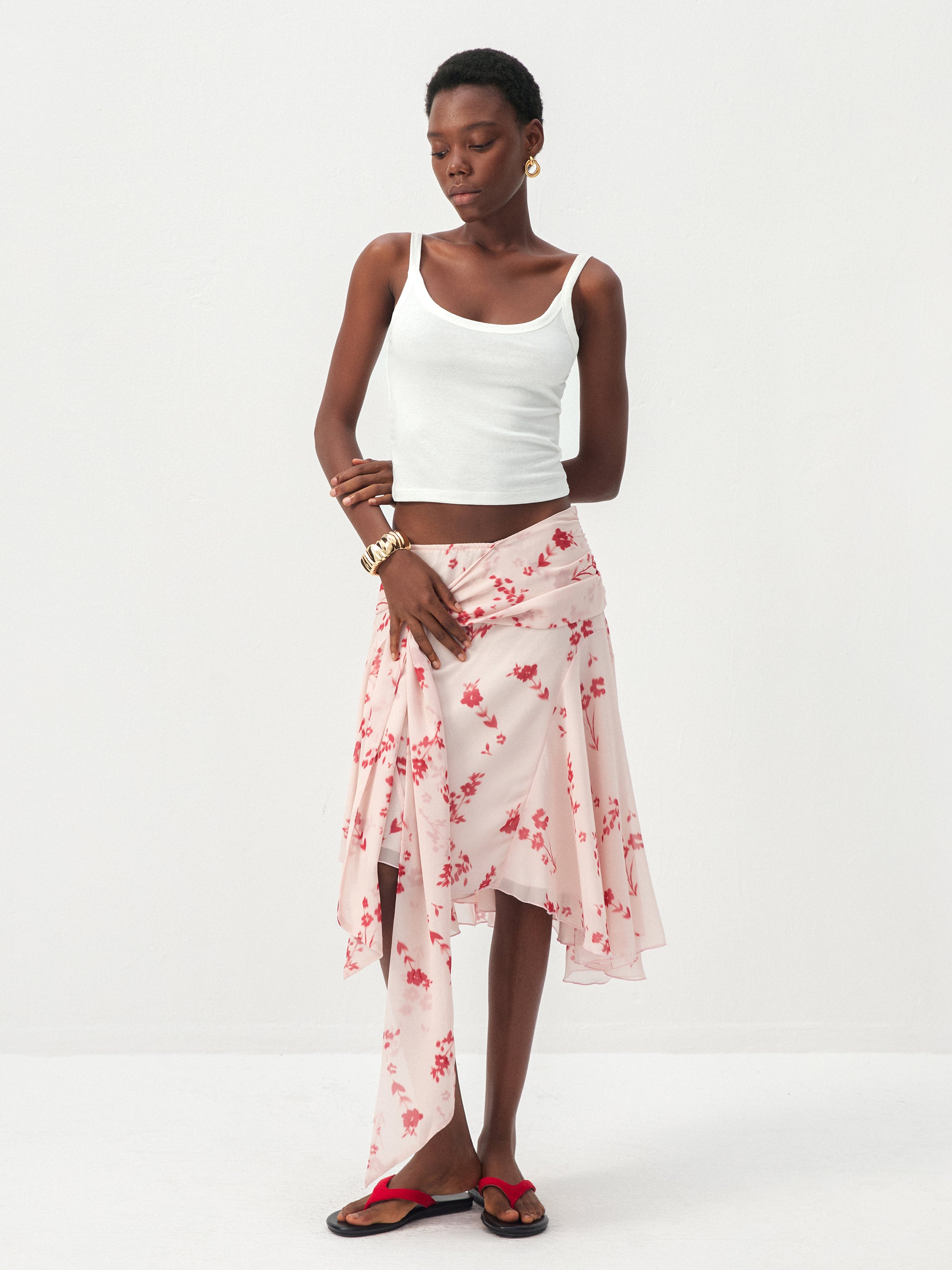 CUBIC Floral Print Asymmetrical Chiffon Midi Skirt