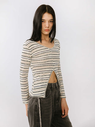 Front Slit Striped Long Sleeve Top