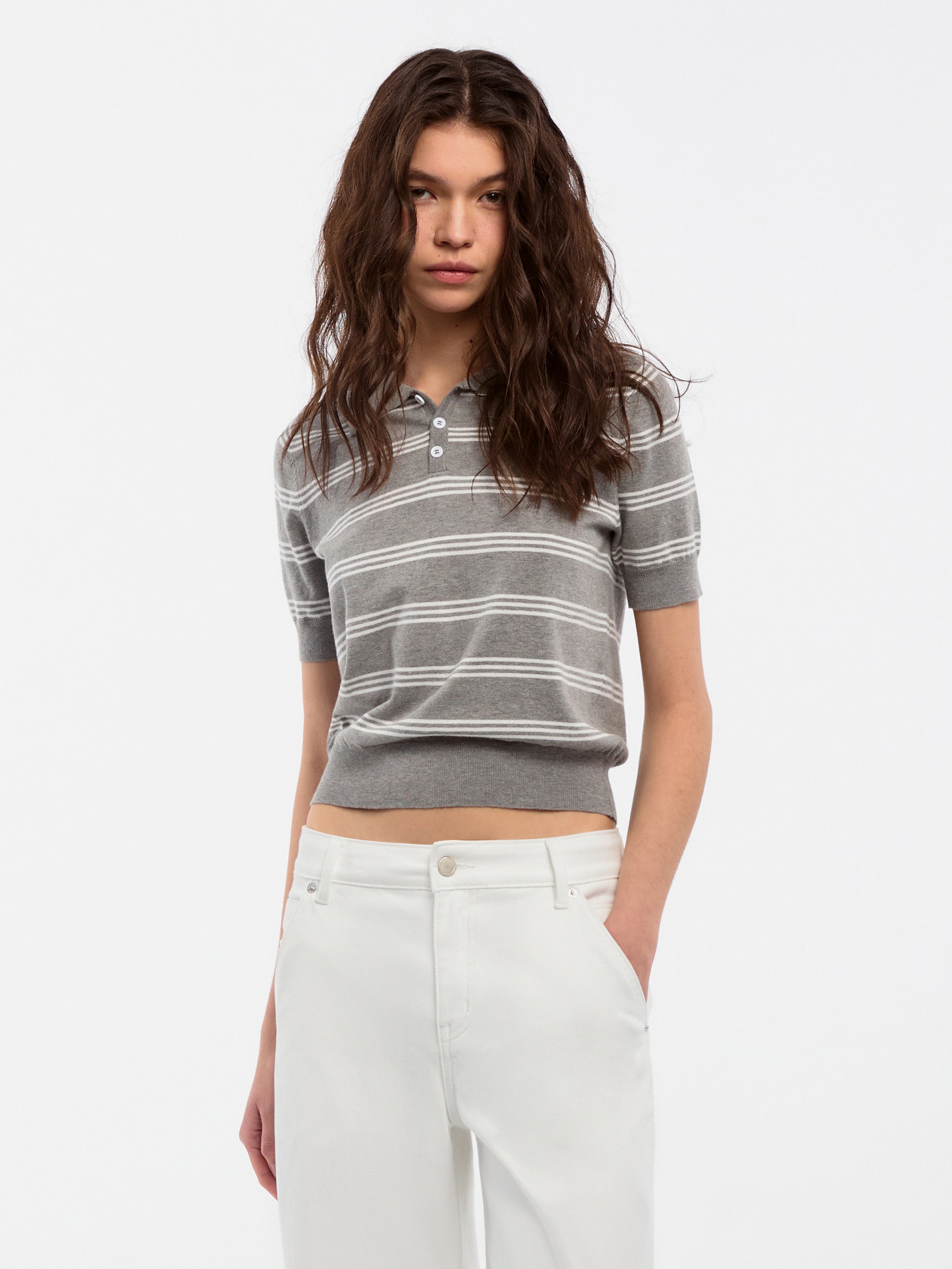 CUBIC-Striped Cropped Polo Collar Cotton T-Shirt