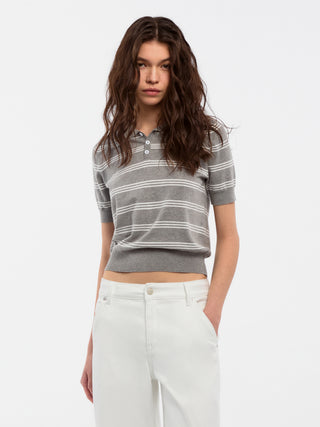 CUBIC-Striped Cropped Polo Collar Cotton T-Shirt
