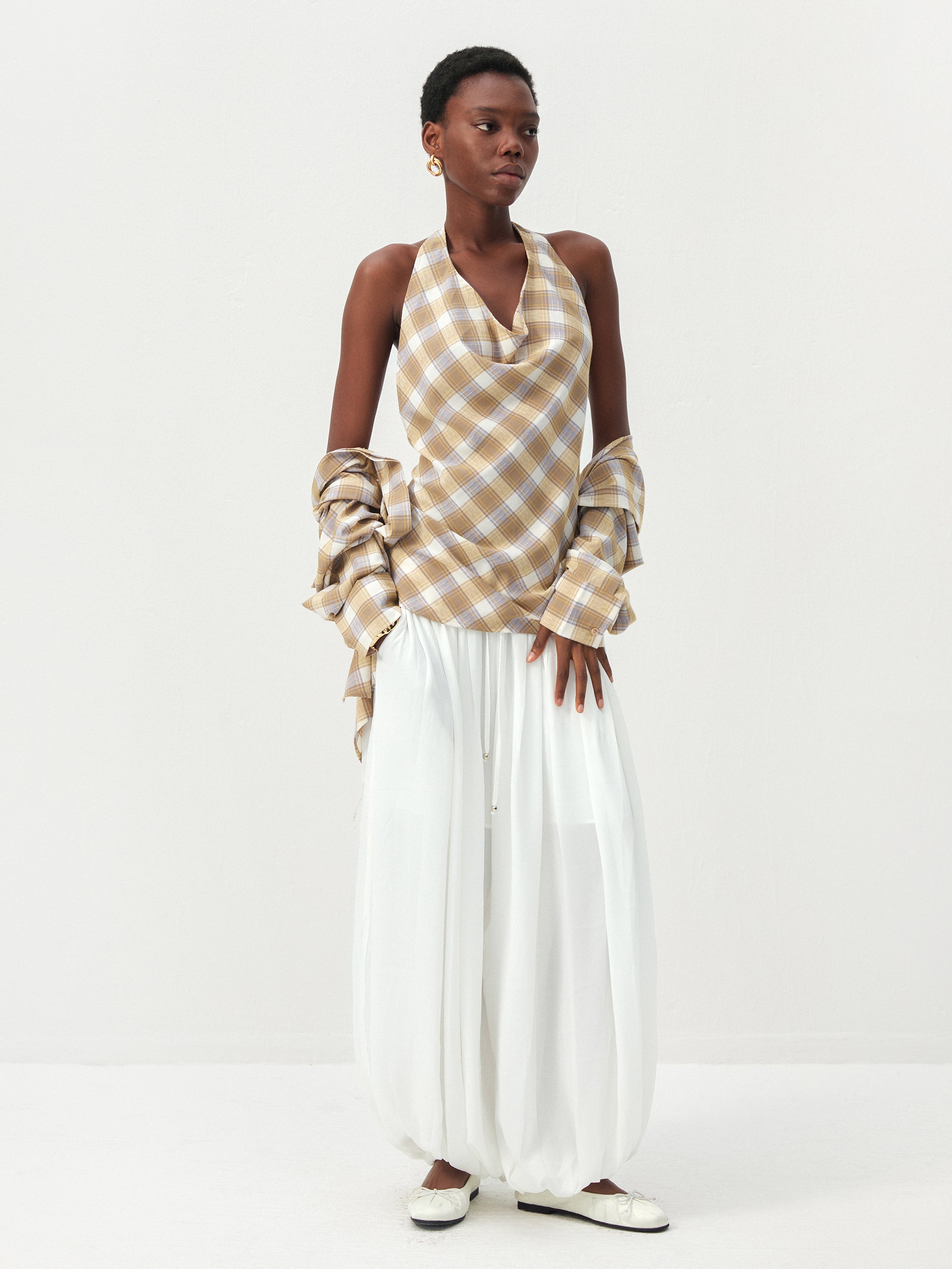 CUBIC Plaid Wrap-Effect Long Sleeve Blouse