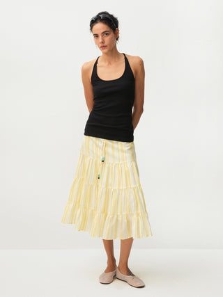 CUBIC Lyocell Linen Blend Tiered Striped Midi Skirt