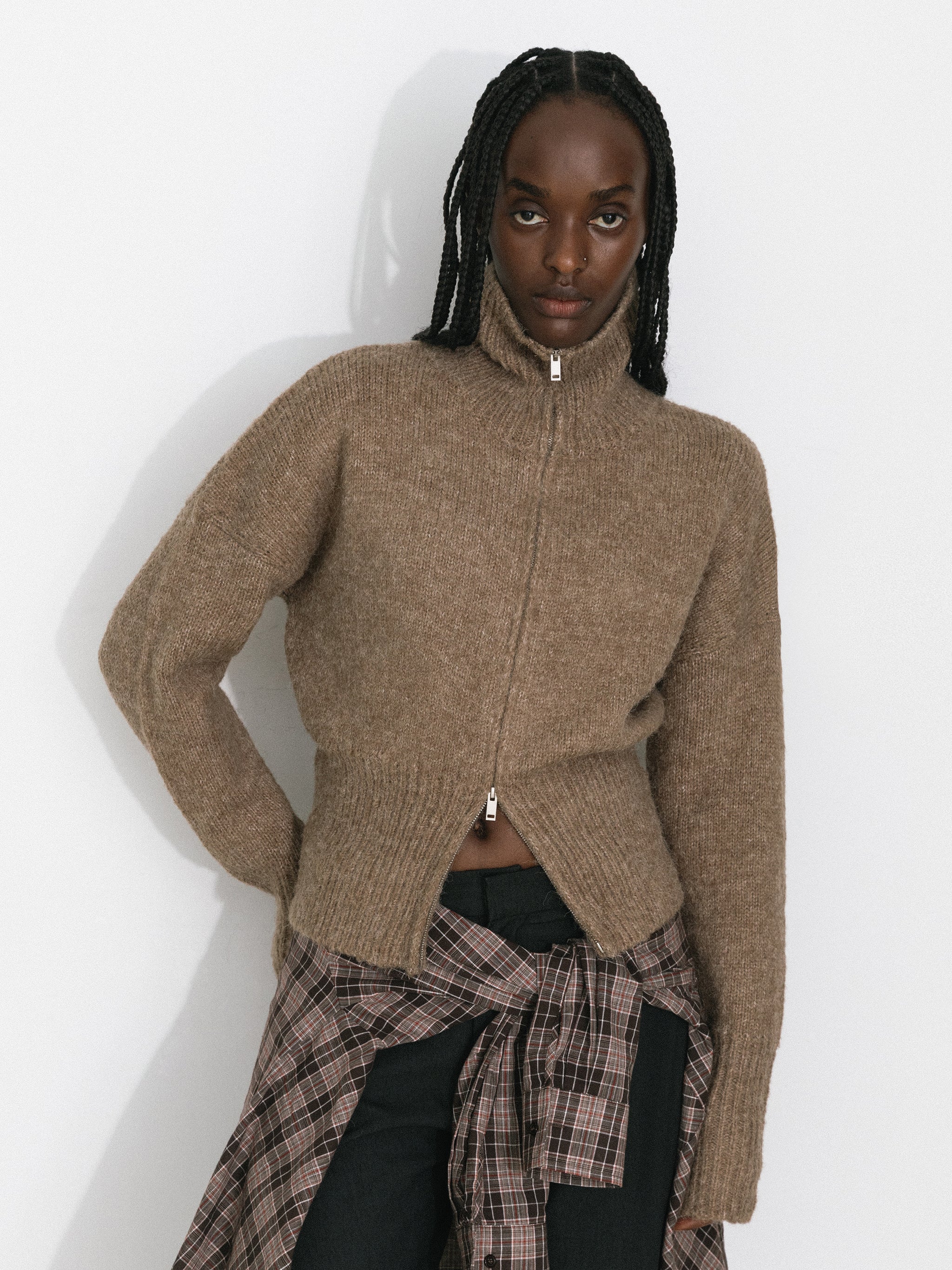 Retro Stand Collar Zip-Up Cardigan