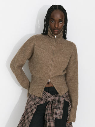 Retro Stand Collar Zip-Up Cardigan