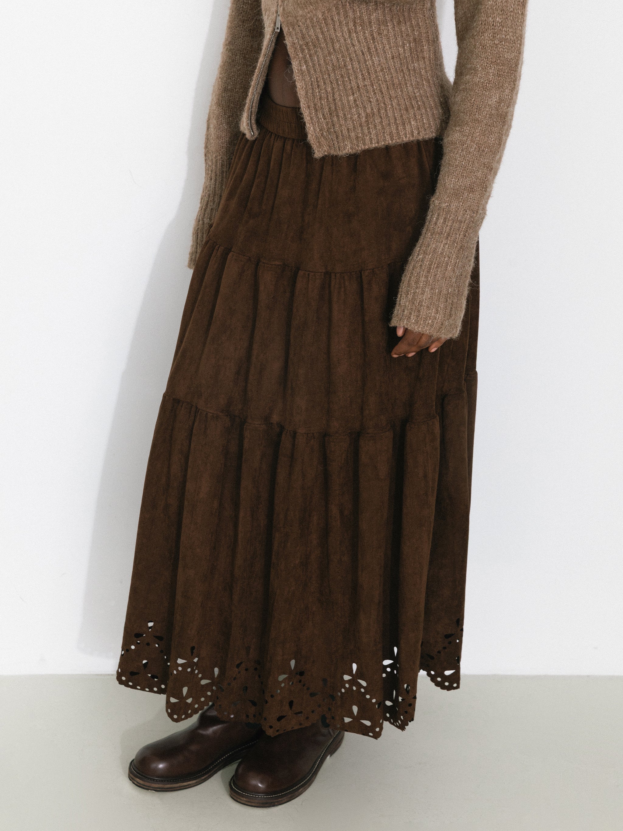 Vintage Boho Suede-Look A-Line Midi Skirt