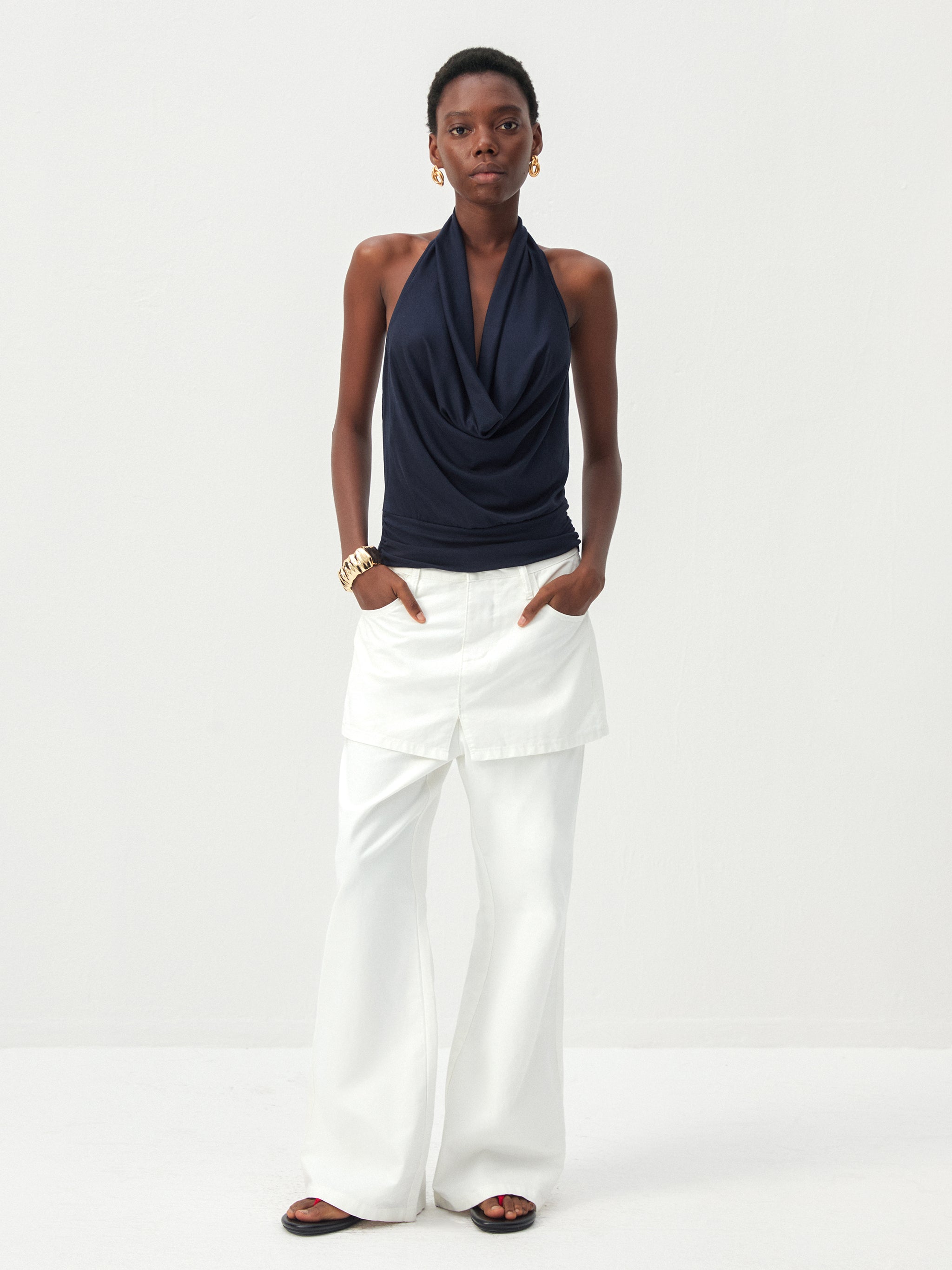 CUBIC Cotton-Blend Layered Skirt-Front Flare Trousers