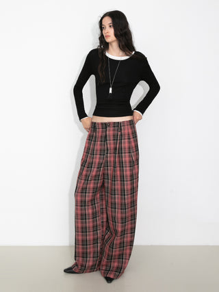 Striped Check Wide-Leg Draped Floor-Length Trousers