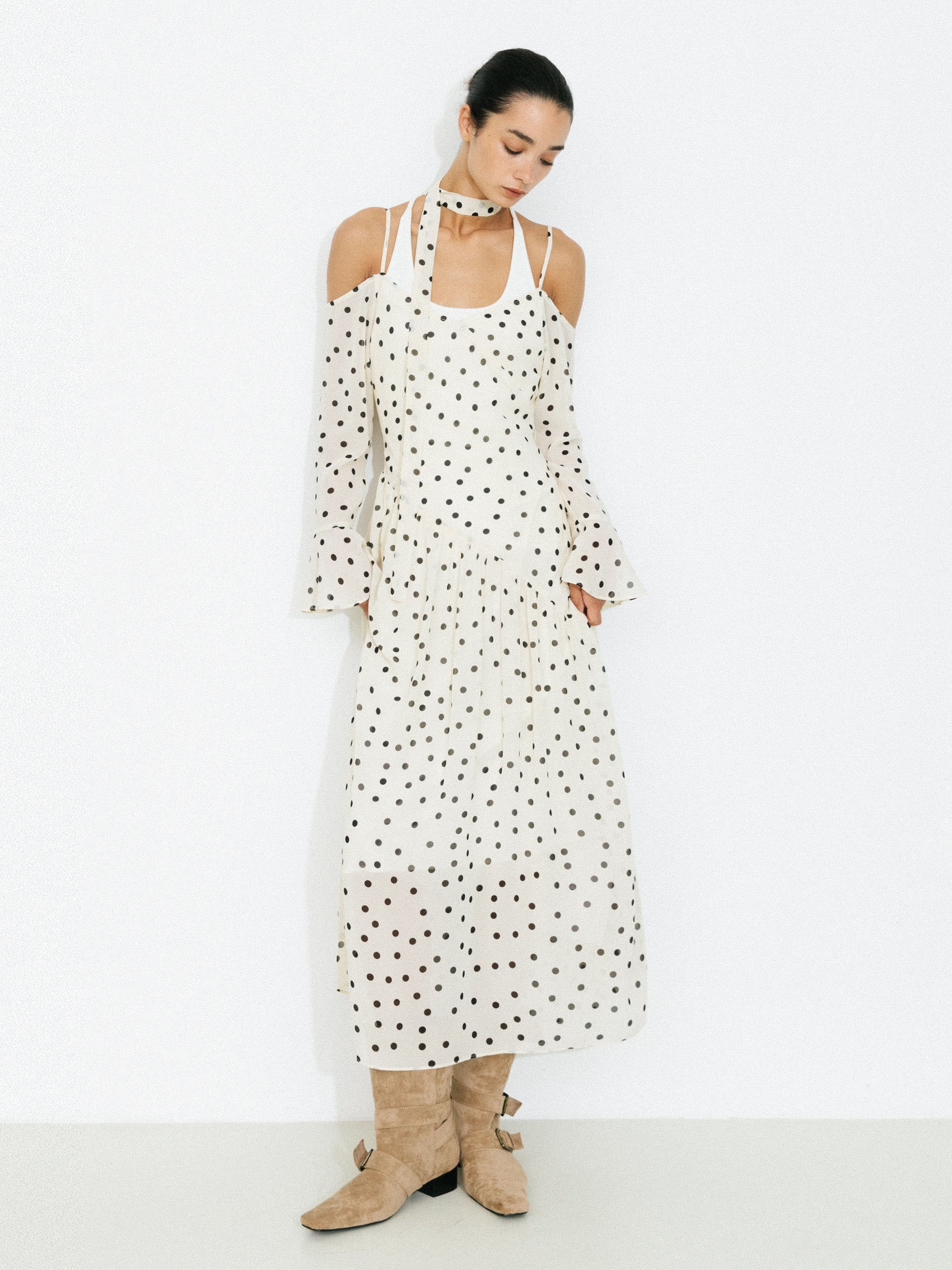 Polka Dot Off-Shoulder Cami Sleeve Maxi Dress-1
