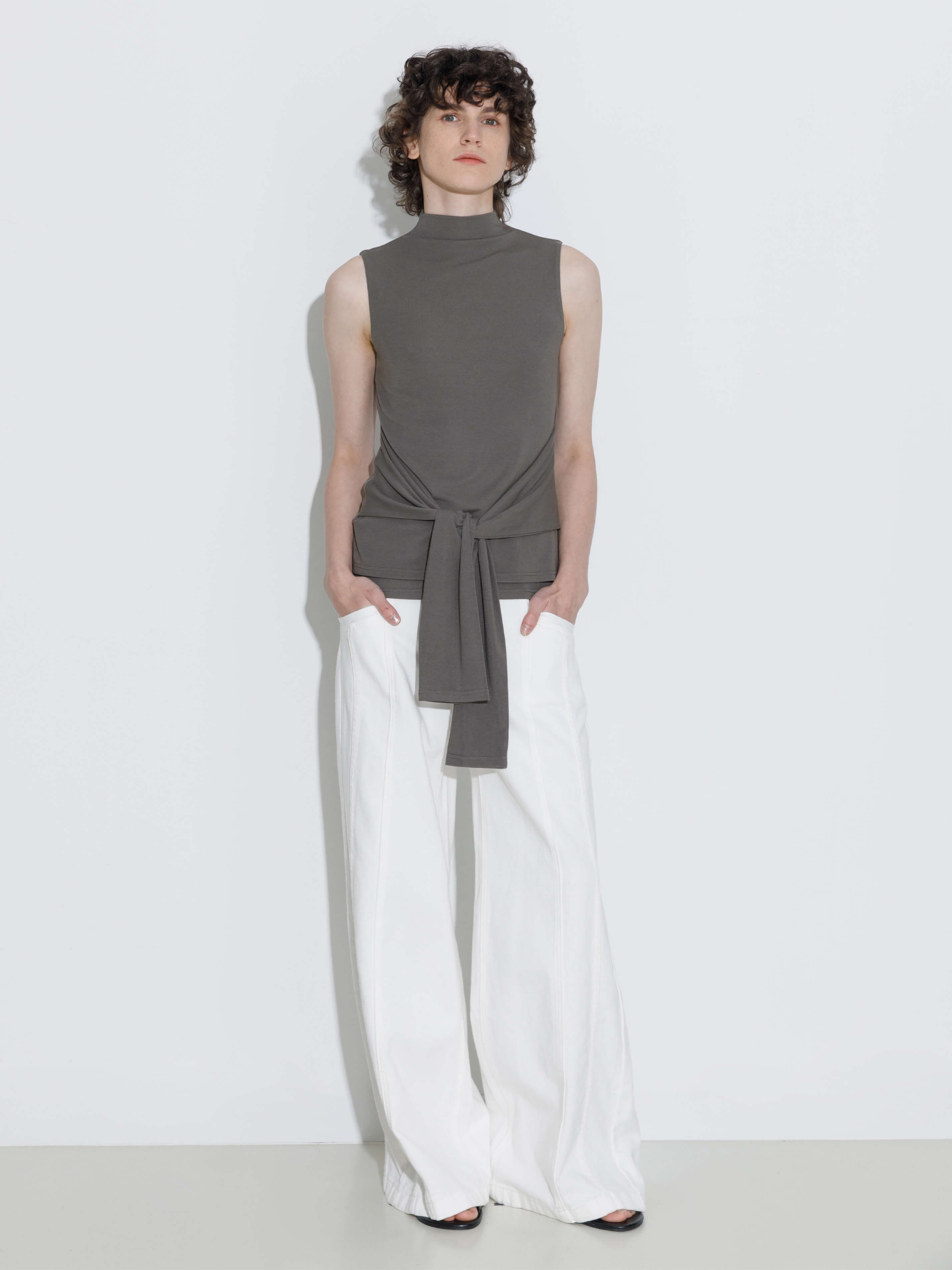 Tie-Detail Sleeveless Mock Neck Top