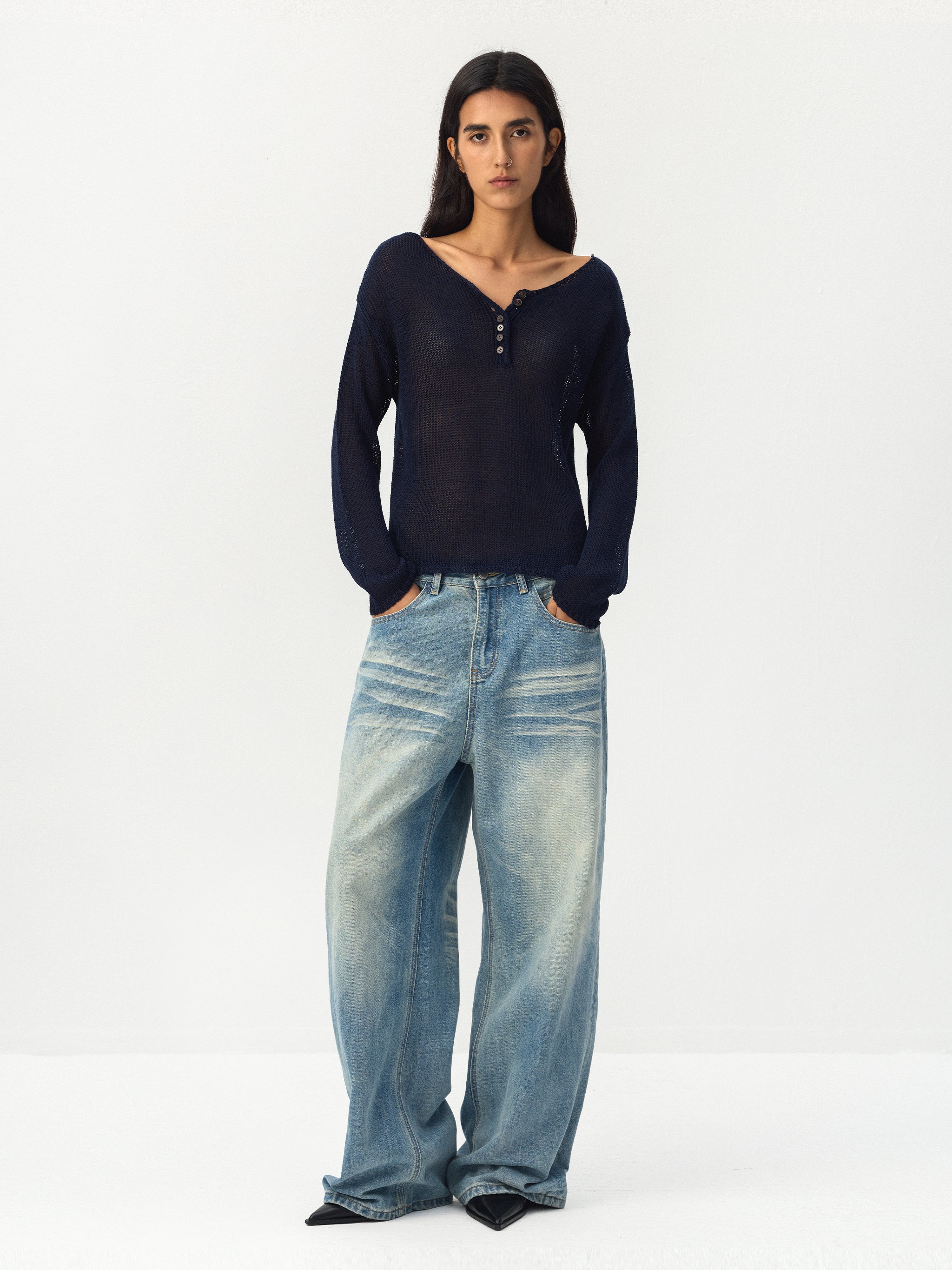 CUBIC Button Detail Open-Knit Top