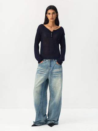 CUBIC Button Detail Open-Knit Top