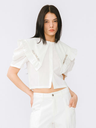 Large Lapel Strass Puff Sleeves T-shirt