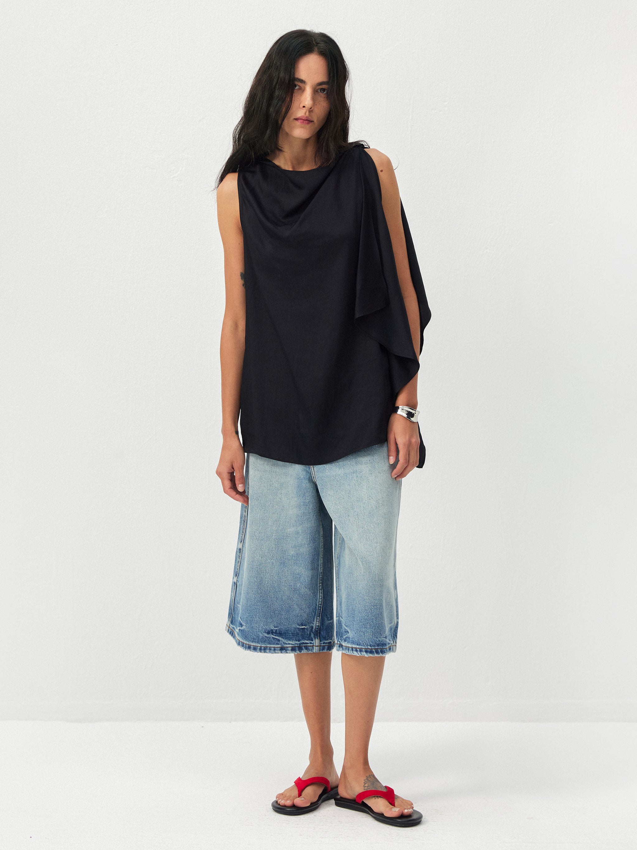 CUBIC Draped Cowl Neck Asymmetrical Sleeveless Top-1