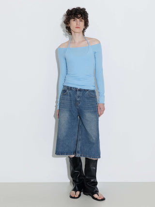 Blue Halter Neck Knit Top with Wool Blend