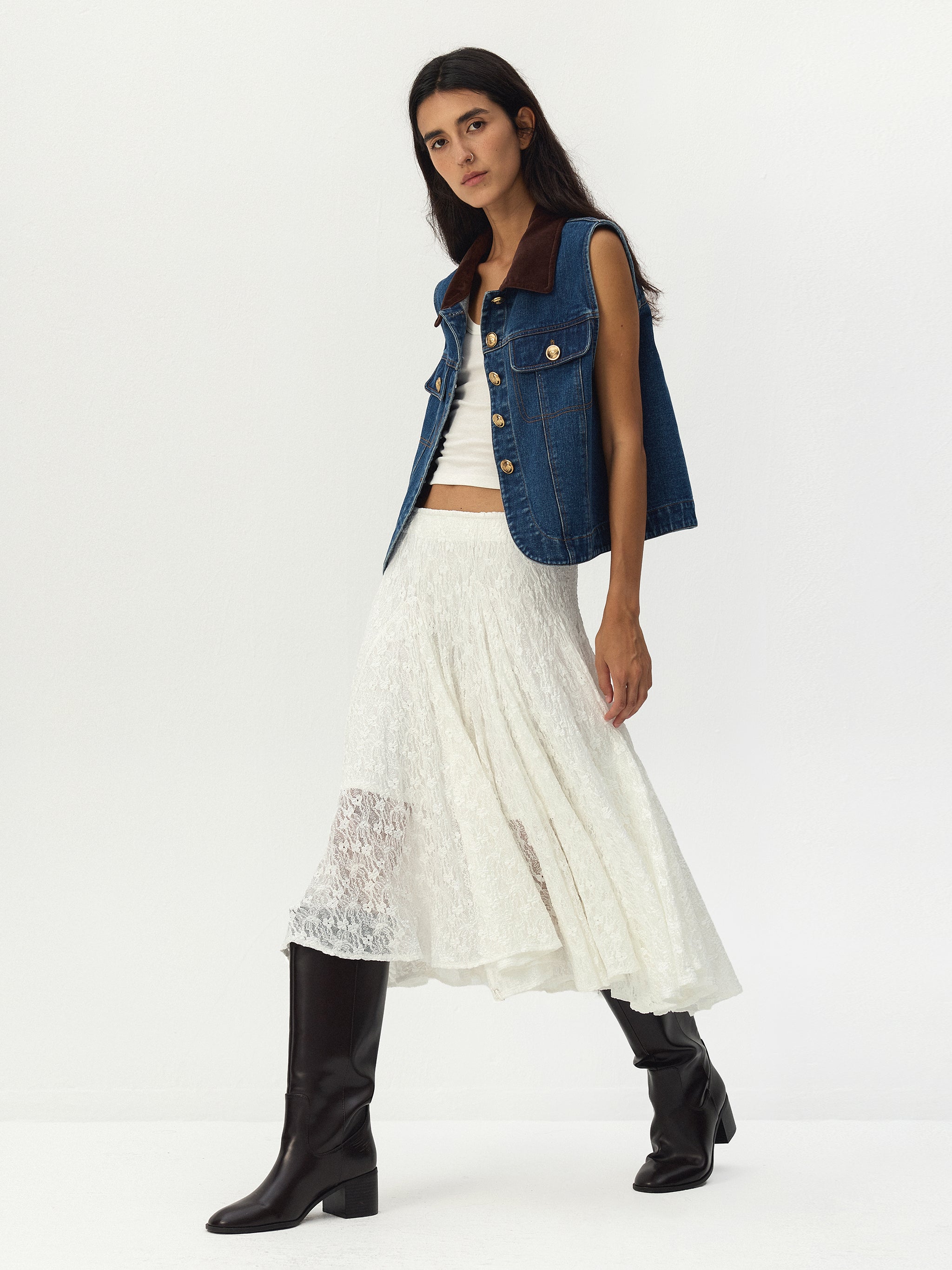 CUBIC Asymmetric Lace Midi Skirt