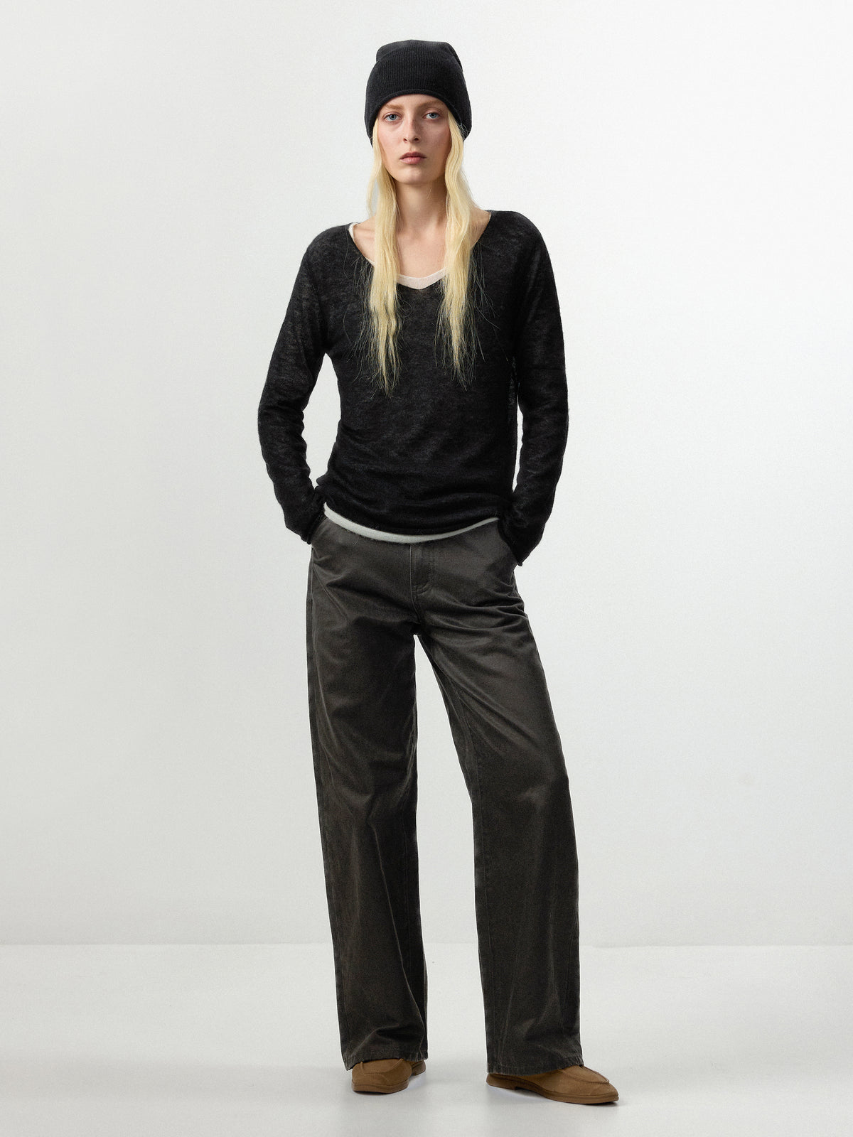 CUBIC V‑Neck Slim Fit Alpaca Wool Blend Knit Top