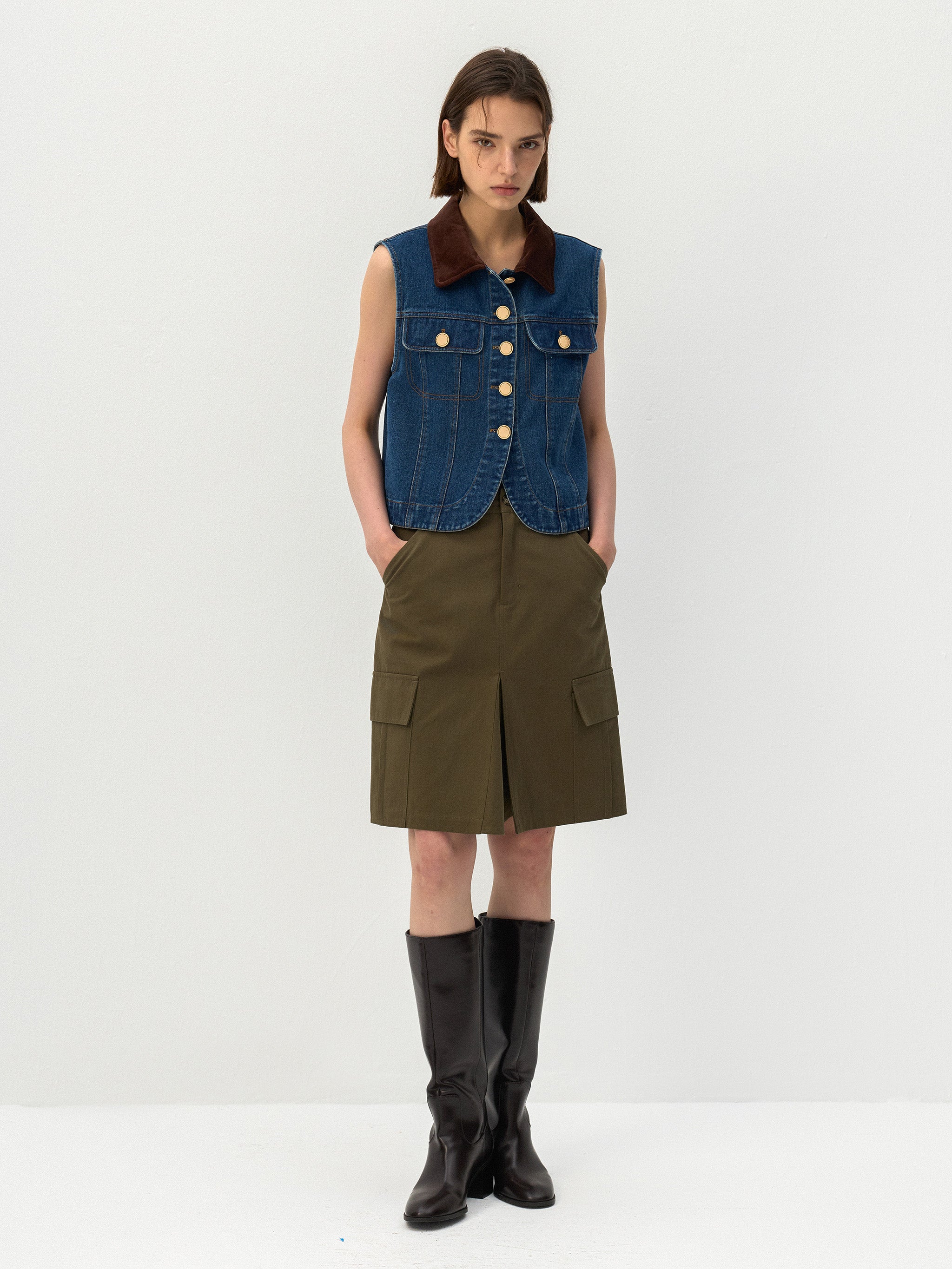 CUBIC Contrast Collar Vintage Denim Vest