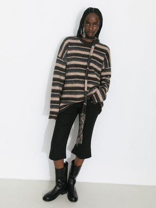 Retro Striped Pullover Sweater with Scarf