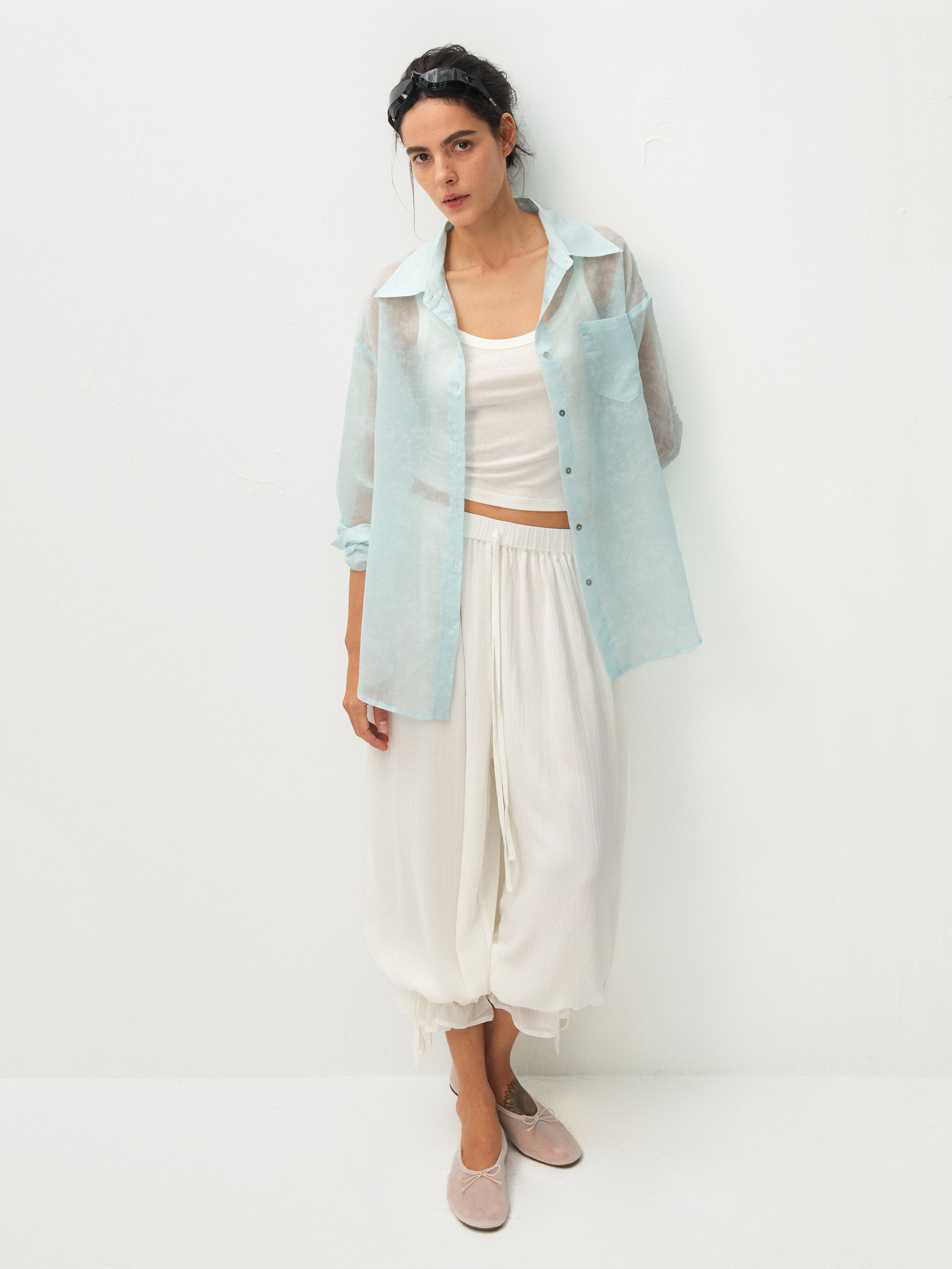CUBIC Lyocell Oversized Sheer Button-Down Shirt