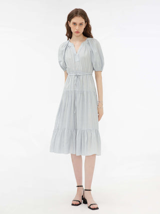Puff Sleeve V-Neck Tiered Dress