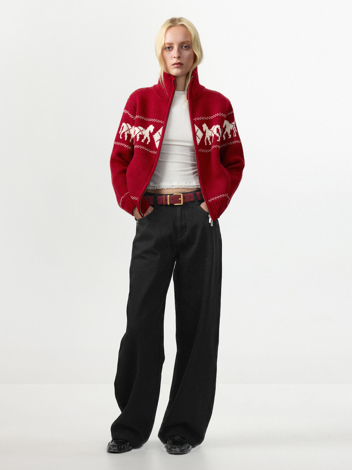 Horse Pattern Diamond Zip-Up Knit Cardigan