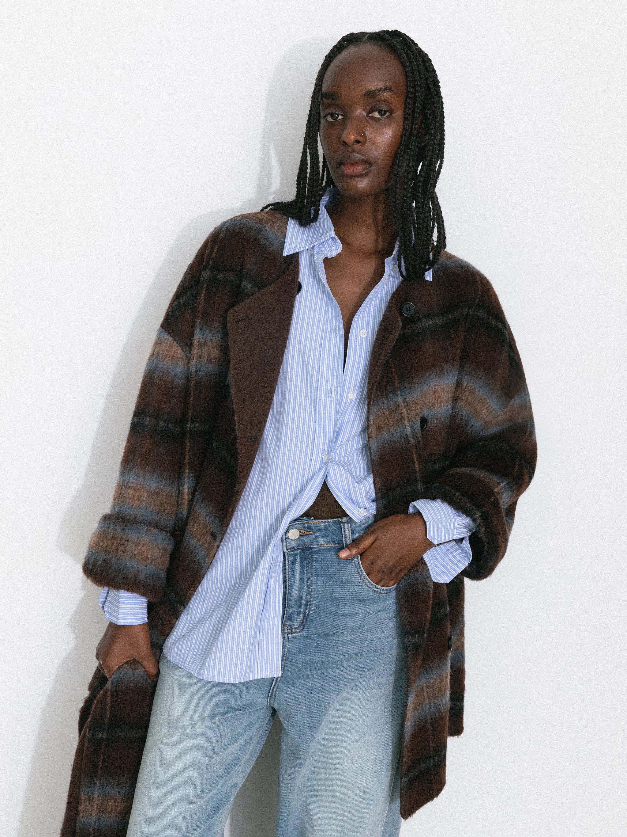 Plaid A-Line Coat with Scarf Collar