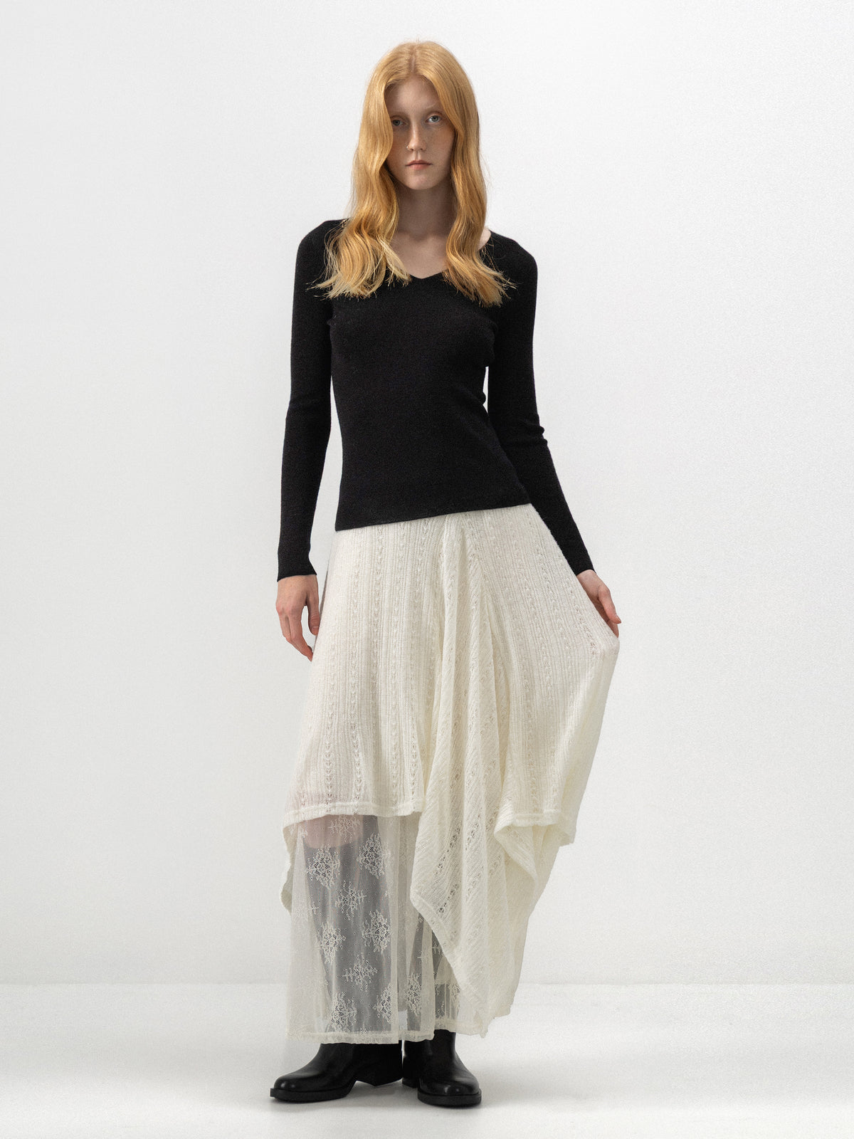 CUBIC Asymmetric Layered Wool Blend Lace Skirt
