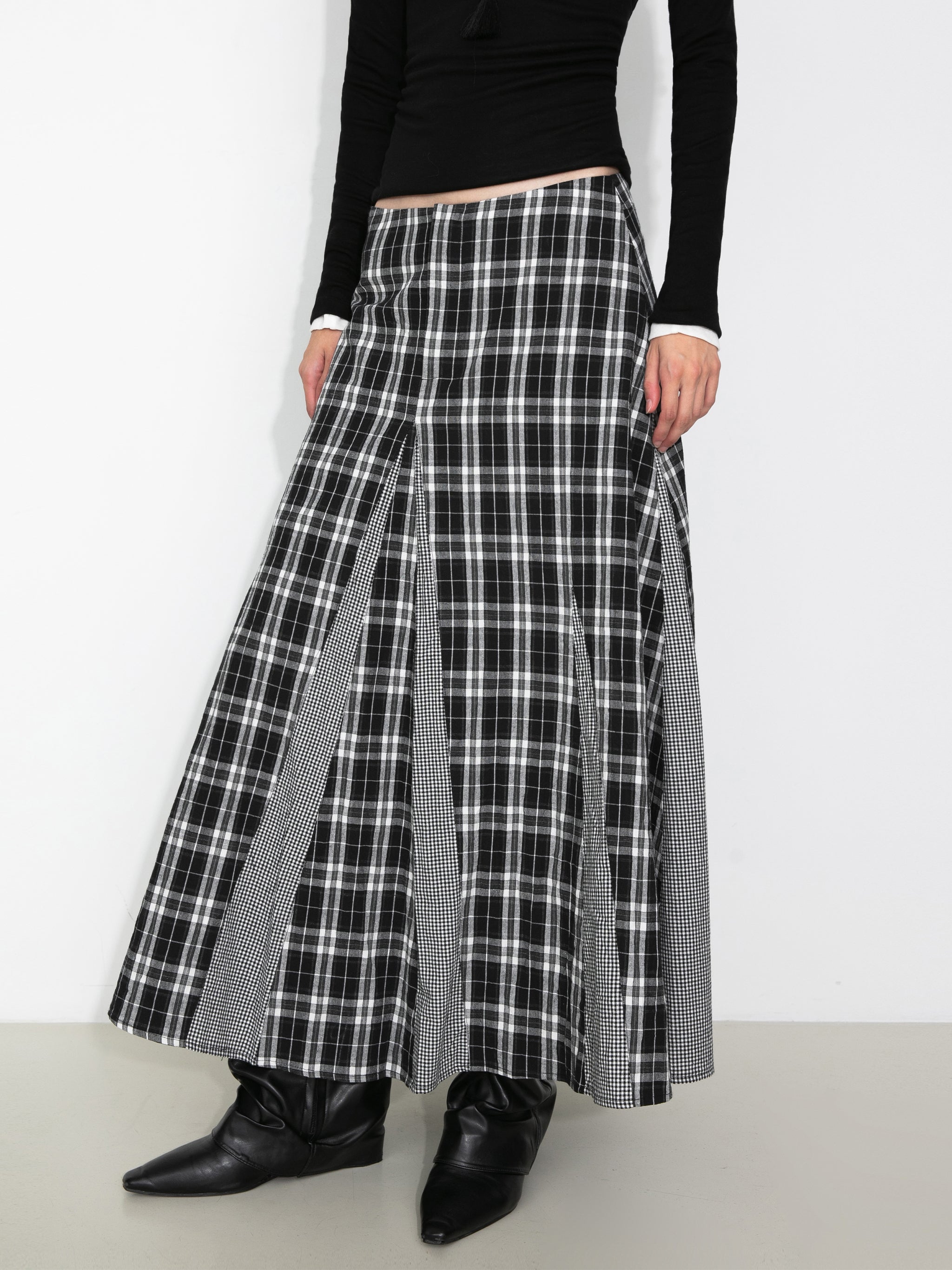 100% Cotton Patchwork Check A-Line Maxi Skirt