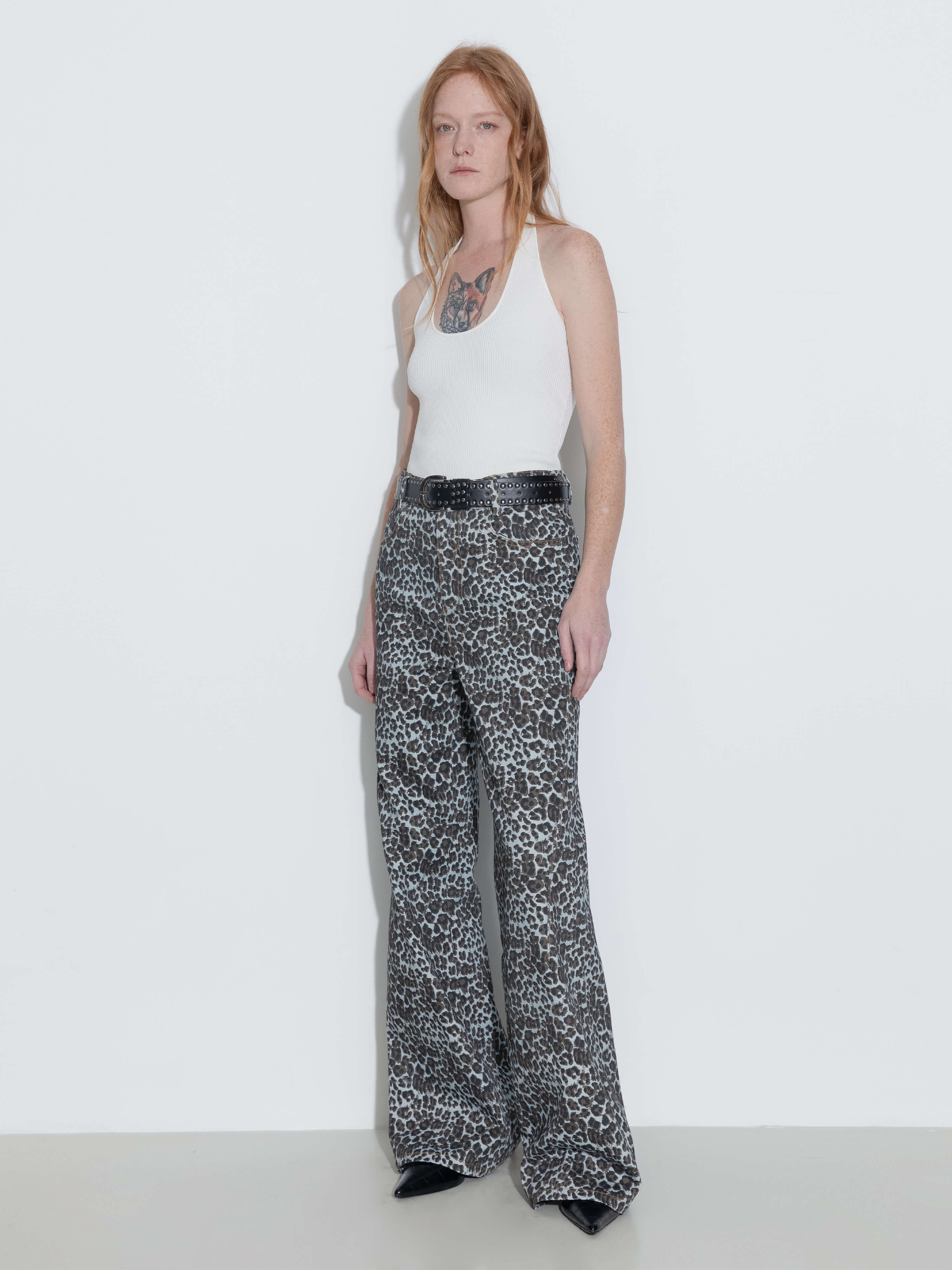 100% Cotton Leopard Print Flared Trousers-3