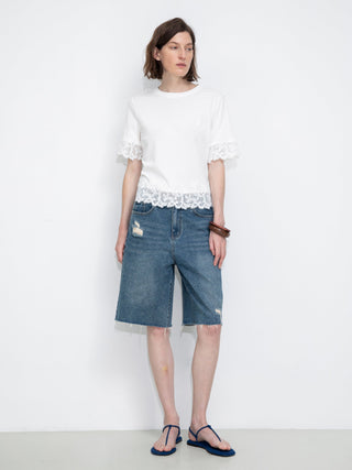 Loose Cotton T-Shirt with Lace Panels