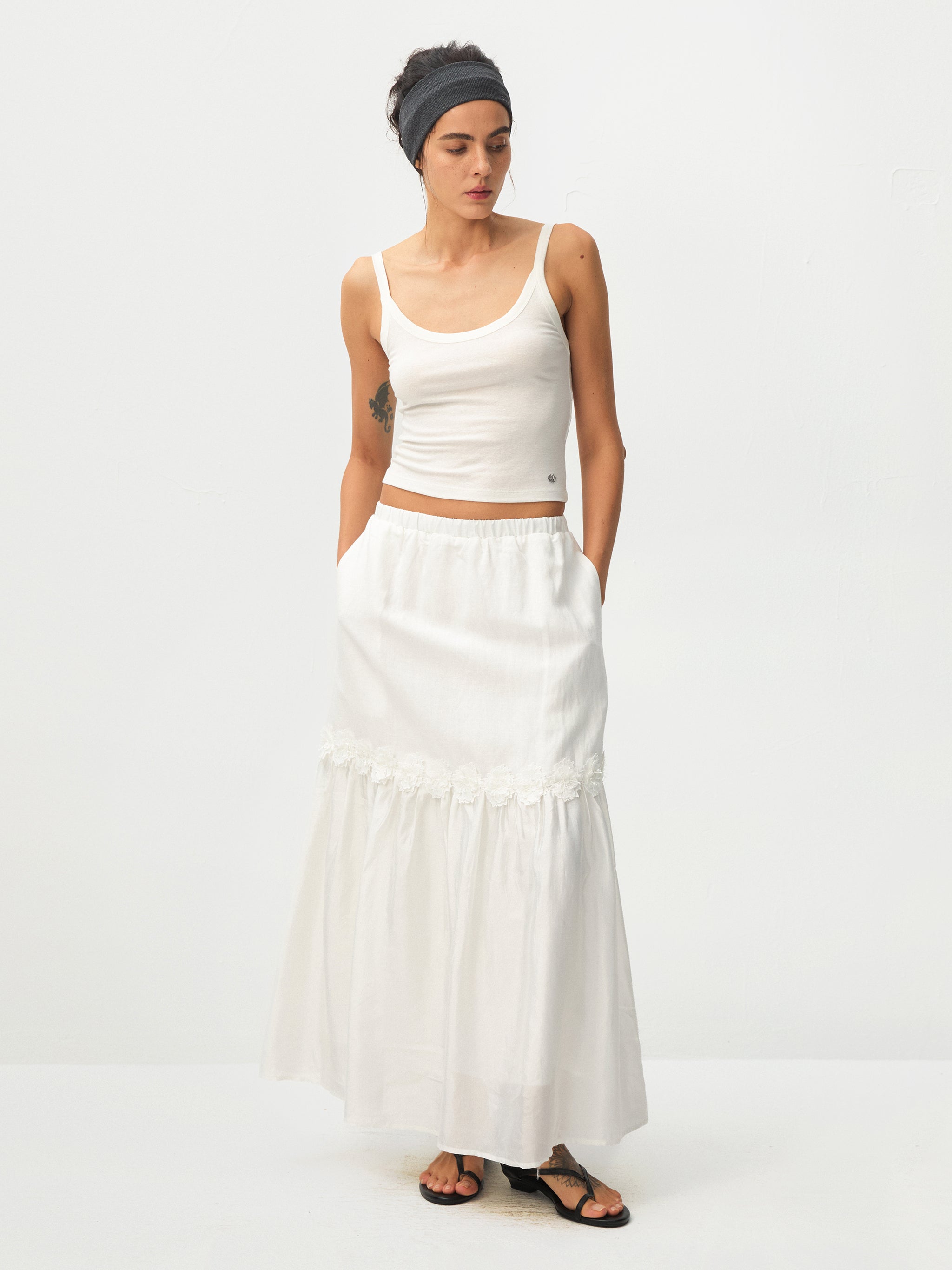 CUBIC Floral Appliqué Tiered Maxi Skirt