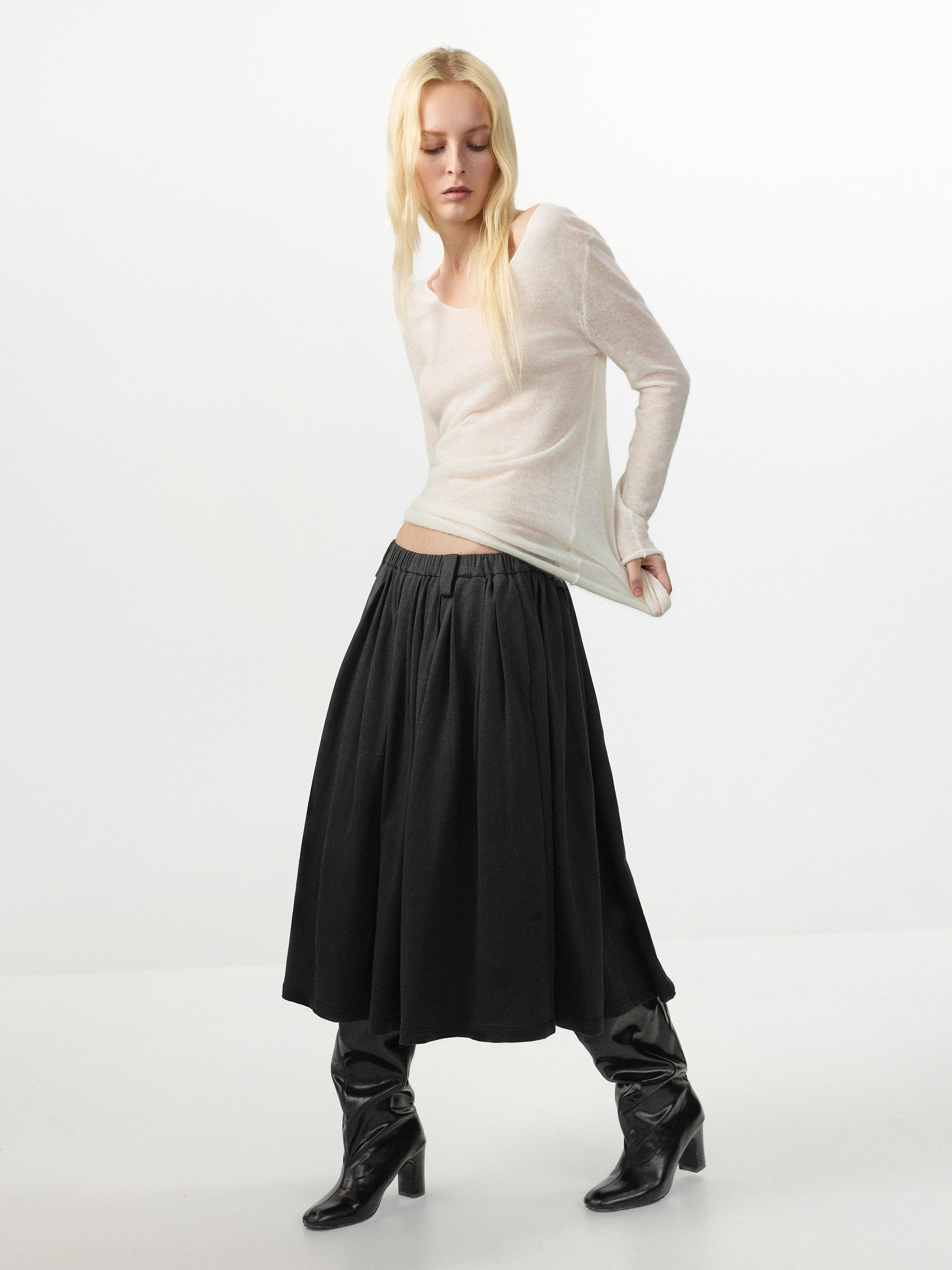 CUBIC 100% Cotton Pleated A‑Line Midi Skirt
