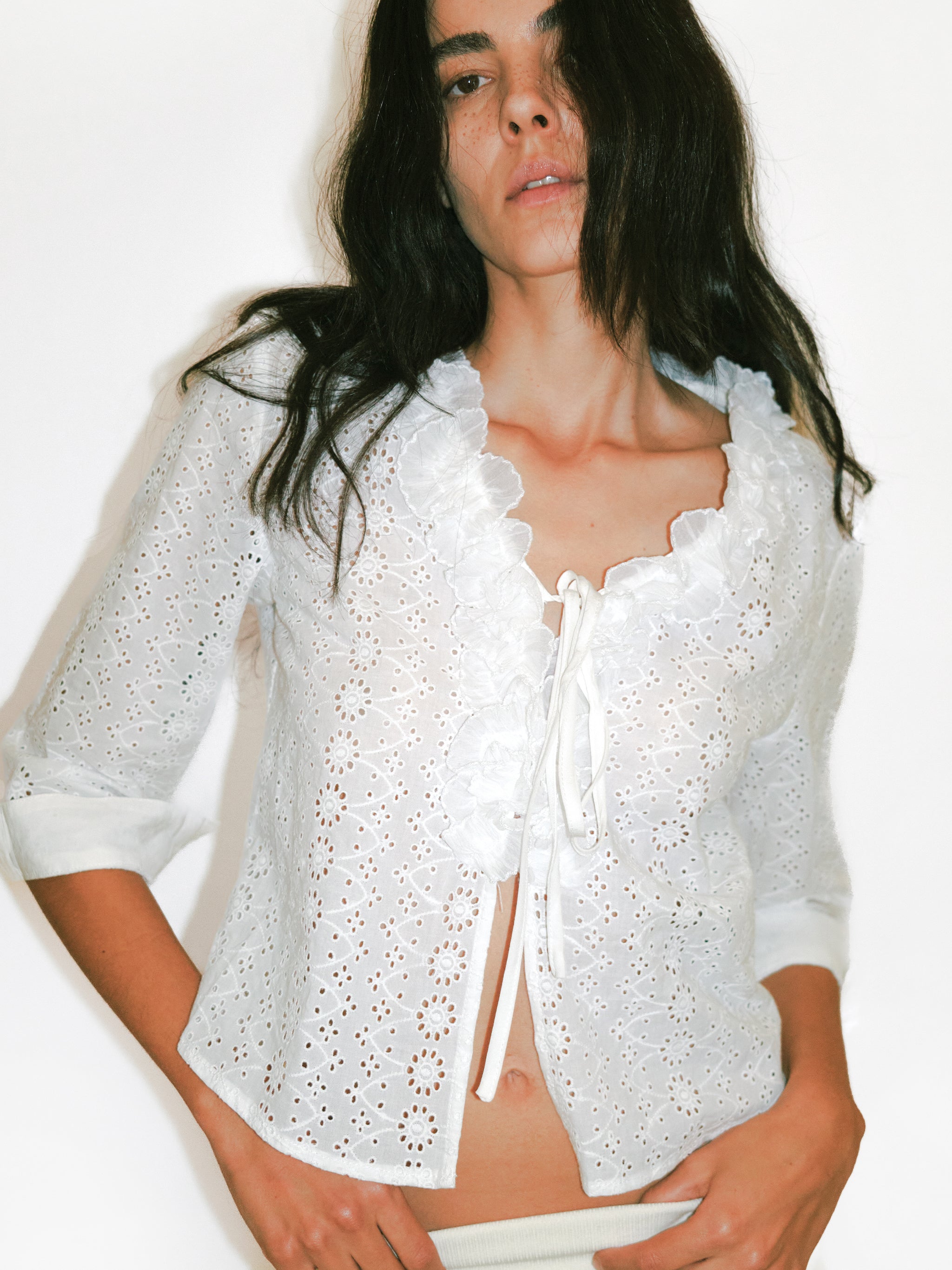 CUBIC 100% Cotton Cropped Hollow-Out Cardigan
