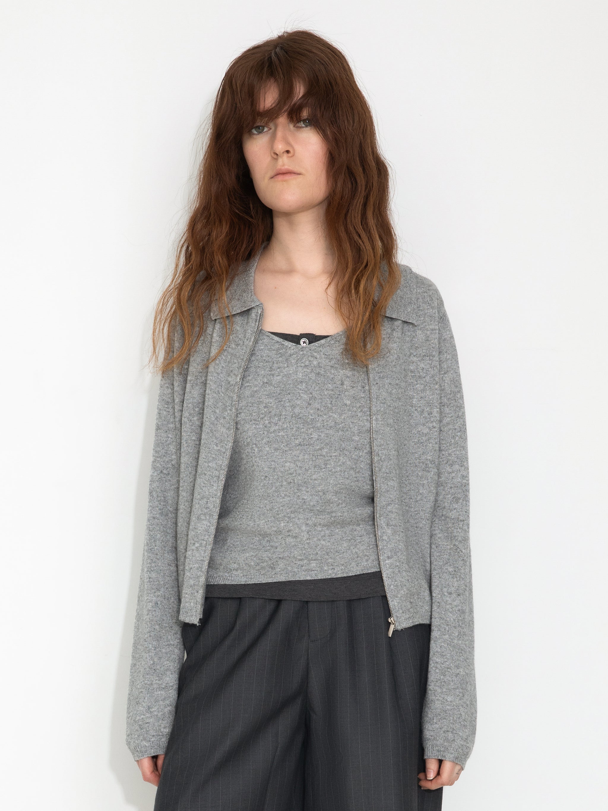 Zip-Up Collared Cropped Knit Cardigan & Vest Set