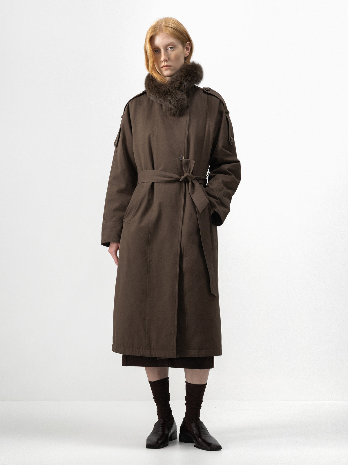 CUBIC Detachable Fur-Collar Belted Down Coat-1