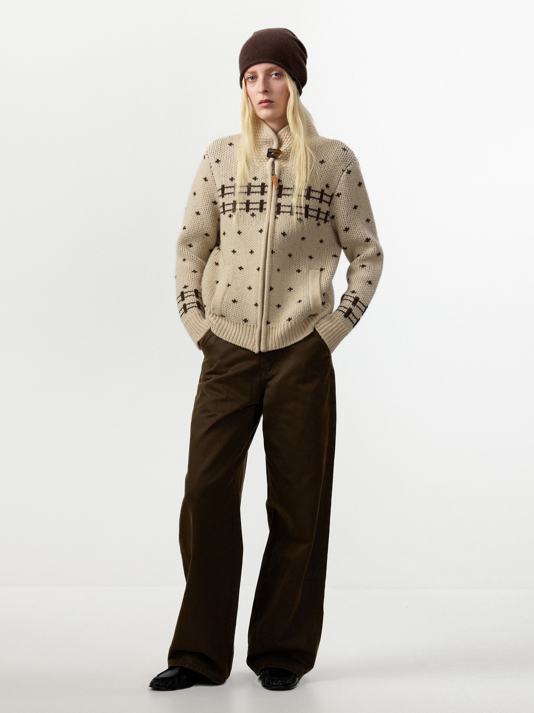 CUBIC 100% Wool Fair Isle Zip Knit Sweater-1