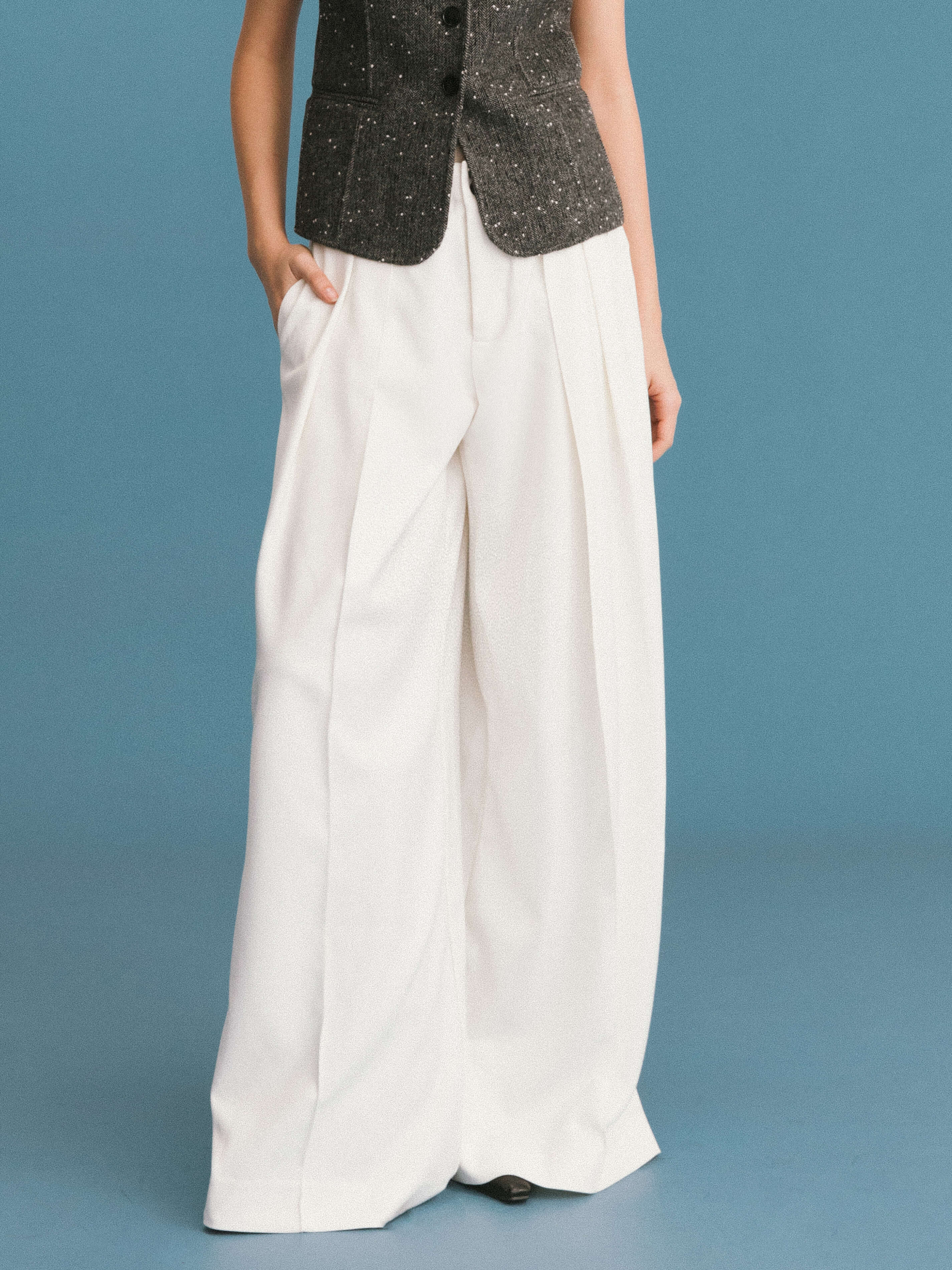 ONE BY CUBIC Pleated Wide Leg Wool Blend Trousers-1