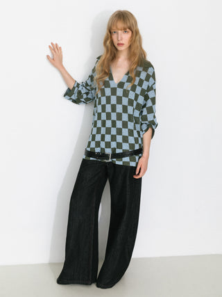 Checkerboard Contrast Knit Top