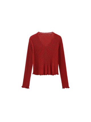 V-Neck Knit Cardigan with Ruffled Long Sleeves